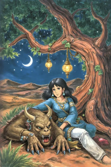 miyaha1 manga illustration
a scene from Arabian Nights, rendered in intricate, colorful detail. A beautiful woman and a sleeping demon. The woman sits gracefully under a sprawling tree with lush, curving branches and hanging vines. She has striking, almond-shaped eyes, dark flowing hair, and wears elegant traditional attire with ornate jewelry that glimmers softly under the moonlight. Her expression is calm and serene as she gazes thoughtfully into the distance. Resting his head gently on her lap is a large demon with a powerful, otherworldly presence. The demon, though fearsome in size, appears vulnerable as he lies beside her. His skin has a muted, earthy tone, and his features--sharp and beastly--are softened by a look of weary contentment. His claws are retracted, and he exudes a mixture of strength and peace in her presence. The tree's twisted branches arc above them, framing the scene like a natural canopy. Golden lamps hang from the tree, casting warm, soft light, illuminating the two figures in a magical glow. The background is a deep, starry night, with hints of distant desert dunes and a crescent moon overhead, creating an enchanting and mystical ambiance that draws the viewer into this world of fantasy and myth.
<lora:miyaha1_cap_d6a3e12:1.0><lora:818068648855032454:0>