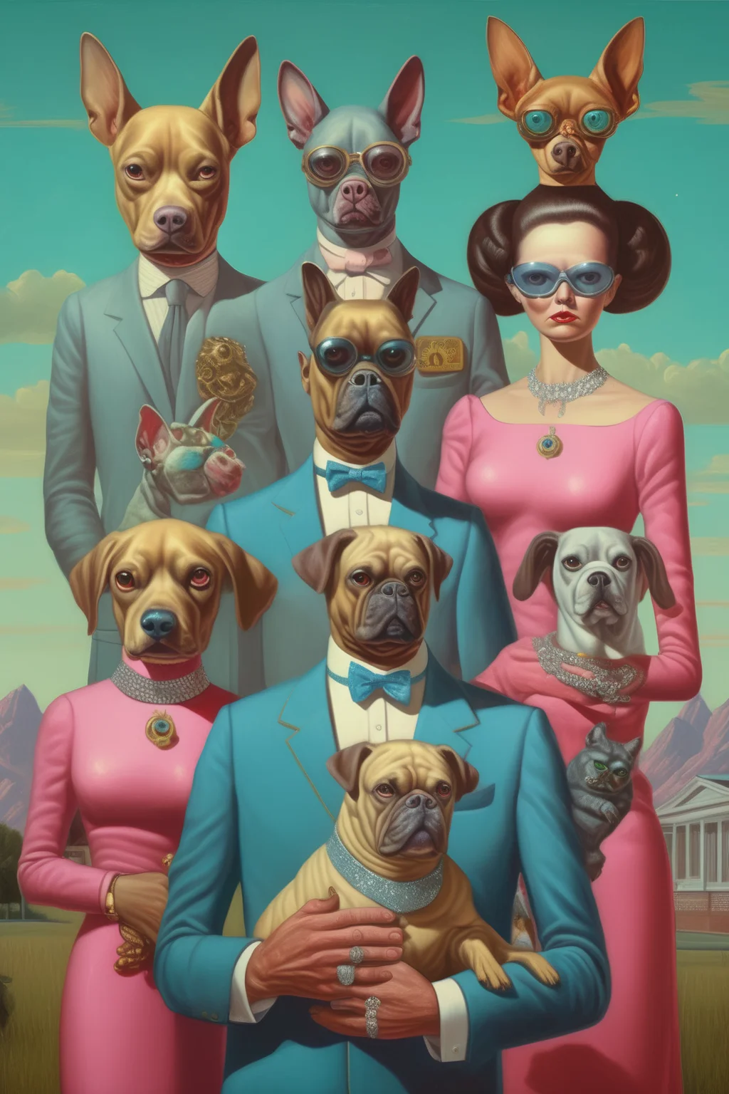 <lora:Alex Gross Style:1>Alex Gross Style - strange Americana retro futurism, formal portrait of dour family each holding a surreal kind of pet animal