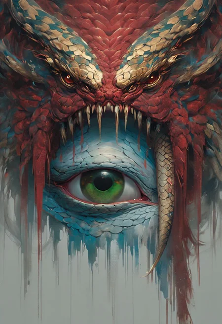 minimalism style, WLOP art style, a character worrior , facial muscles,  eye light, snake behind, cinematic foootage,  fantasy, intricate details,8k post production,dark red gold tone blue  white green