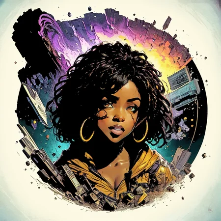 <lora:Black_Women:1> j4da_v2, (masterpiece:1), (best quality:1), high contrast, strong shadows, outlines, <lora:novel:0.2>, <lora:realistic:0.3>, <lora:sharpen-soften:-0.3>, <lora:GoodHands-beta2:0.8>,, BREAK Style-GravityMagic, solo, upper body, looking down, detailed background, detailed face, (purple colors, byzantine theme:1.1), glowing eyes, messenger of the cataclysm, sorrowdul glance, wearing detailed robes, hooded,interdimensional surrounded by chaos, apocalypse, the end of civilization, floating particles, eldritch sigils, giant waves crashing, maelstrom, flood, ancient prophecy fulfilled, ruins in background, distorted echoes, apocalyptic atmosphere, fiery magical lighting,