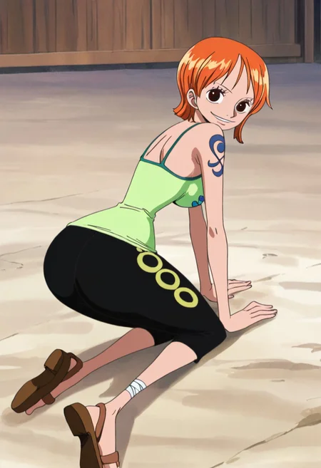 score_9, score_8_up, score_7_up, ultra quality, solo, 1girl, arlong_park,nami (one piece), orange hair, short hair, brown eyes, breasts, shoulder tattoo, green camisole, dot print, capri pants, black pants, sandals, bandages, smile, butt focus, big hips, big butt, bubble butt, curvy, narrow waist, kneeling, looking to the viewer, close up, screencap