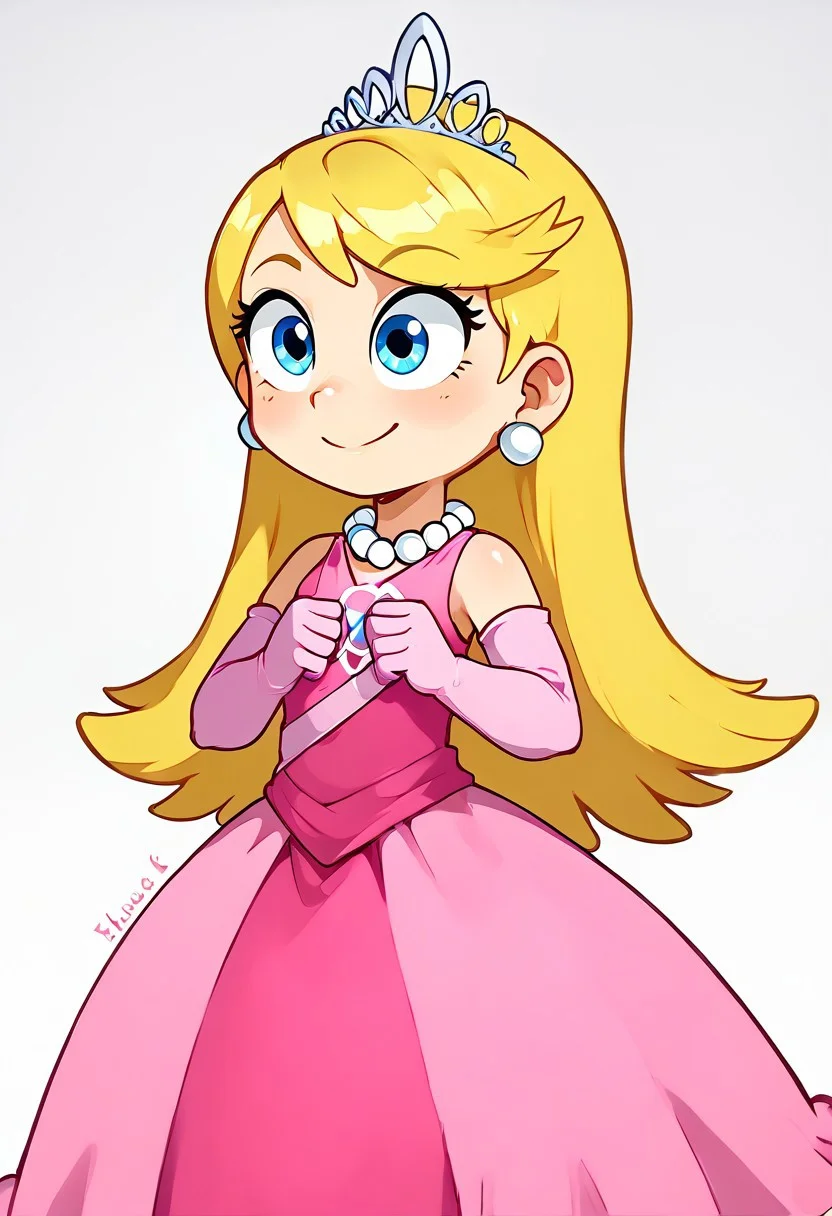 Cute,ng_deepnegative_v1_75t, bad_pictures, Expressiveh,,1o1a,blonde hair, tiara, earrings, pearl necklace, pink dress, long dress, pink gloves