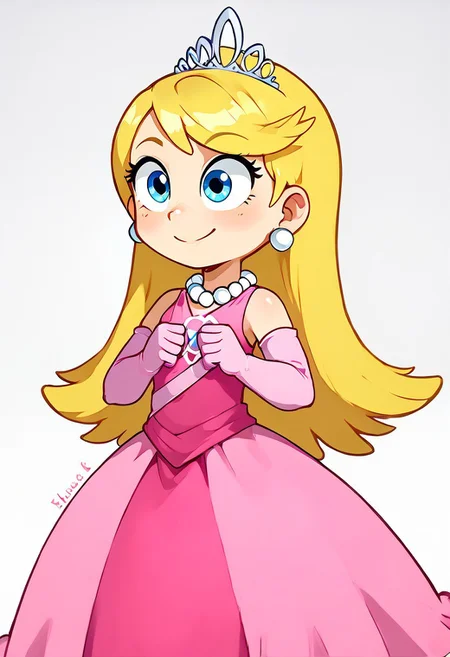 Cute,ng_deepnegative_v1_75t, bad_pictures, Expressiveh,,1o1a,blonde hair, tiara, earrings, pearl necklace, pink dress, long dress, pink gloves