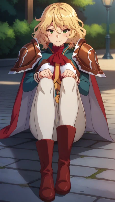 score_9,score_8_up,score_7_up,score_6_up BREAK official art,solo,outdoors,upper body,(portrait:1.5),looking at viewer,facing viewer,smile,blush,Blade,short hair,blonde hair,wavy hair,sidelocks,hair between eyes,bangs,green eyes,red cape,shoulder armor,pauldrons,blue coat,blue coattails,long sleeves,medium breasts,white pants,boots,red footwear,<lora:Blade(rh)-Pony:1.6>,