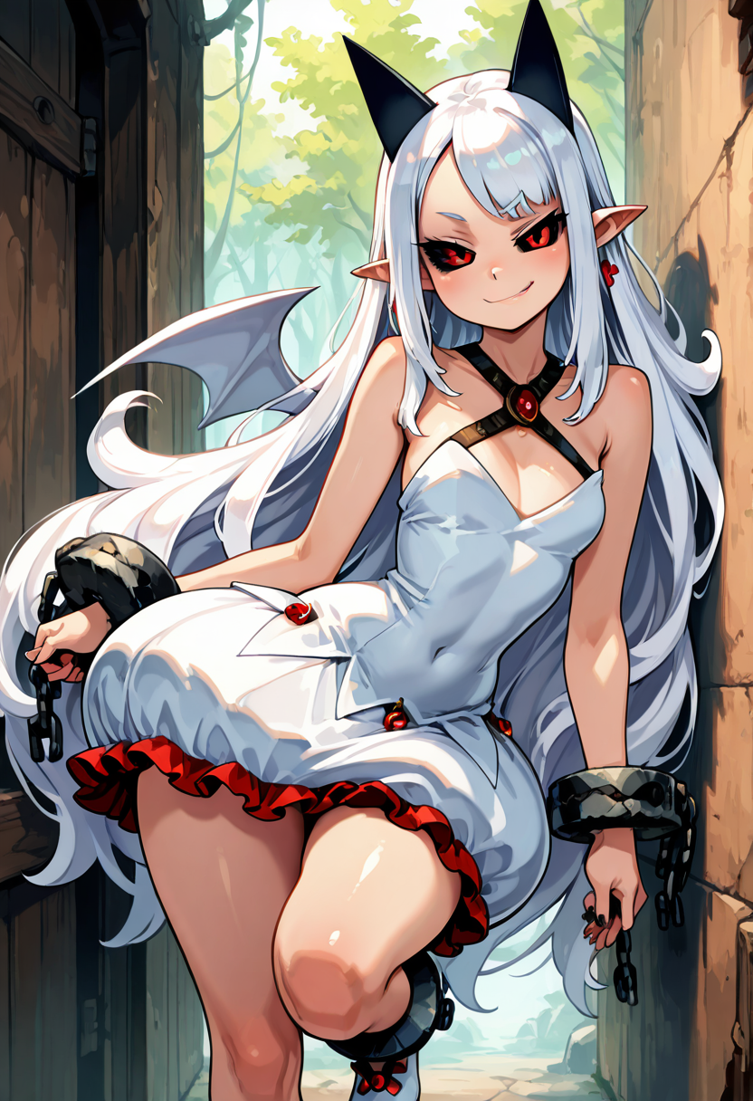 masterpiece, best quality, solo, curvy, beautiful eyes,  narrow waist, shiny skin,zzPram, 1girl, solo, long white hair, horns, pointy ears, red eyes, black sclera,,, jewelry, dress, bubble skirt, earrings, chain, bat wings, albino, shackles, criss-cross halter, ,<lora:PramPhantomKingdom_IXL_v1:1.0>, leaning on wall, one leg bent, smug, looking at viewer,