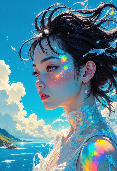 (in Otomo Katsuhiro style:1.2), masterpiece, high-quality, A breathtaking woman with translucent, glass-like skin that refracts light into tiny rainbows. She stands at the edge of a shimmering cliff, her expression serene as if she belongs to another realm. The camera captures a dramatic low-angle shot with her hair flowing like liquid silk in the wind, blending into the iridescent horizon, ethereal glow, refracted light, otherworldly elegance, (hyperrealistic surrealism with luminous detail:1.1), (elaborate fine details:1.1), (hyperdetailed:1.1), (intricate details:1.0), (Refined details:1.1), (best quality:1.1), (high resolution:1.2), <lora:FLUX\VividlySurrealV2:0.8>