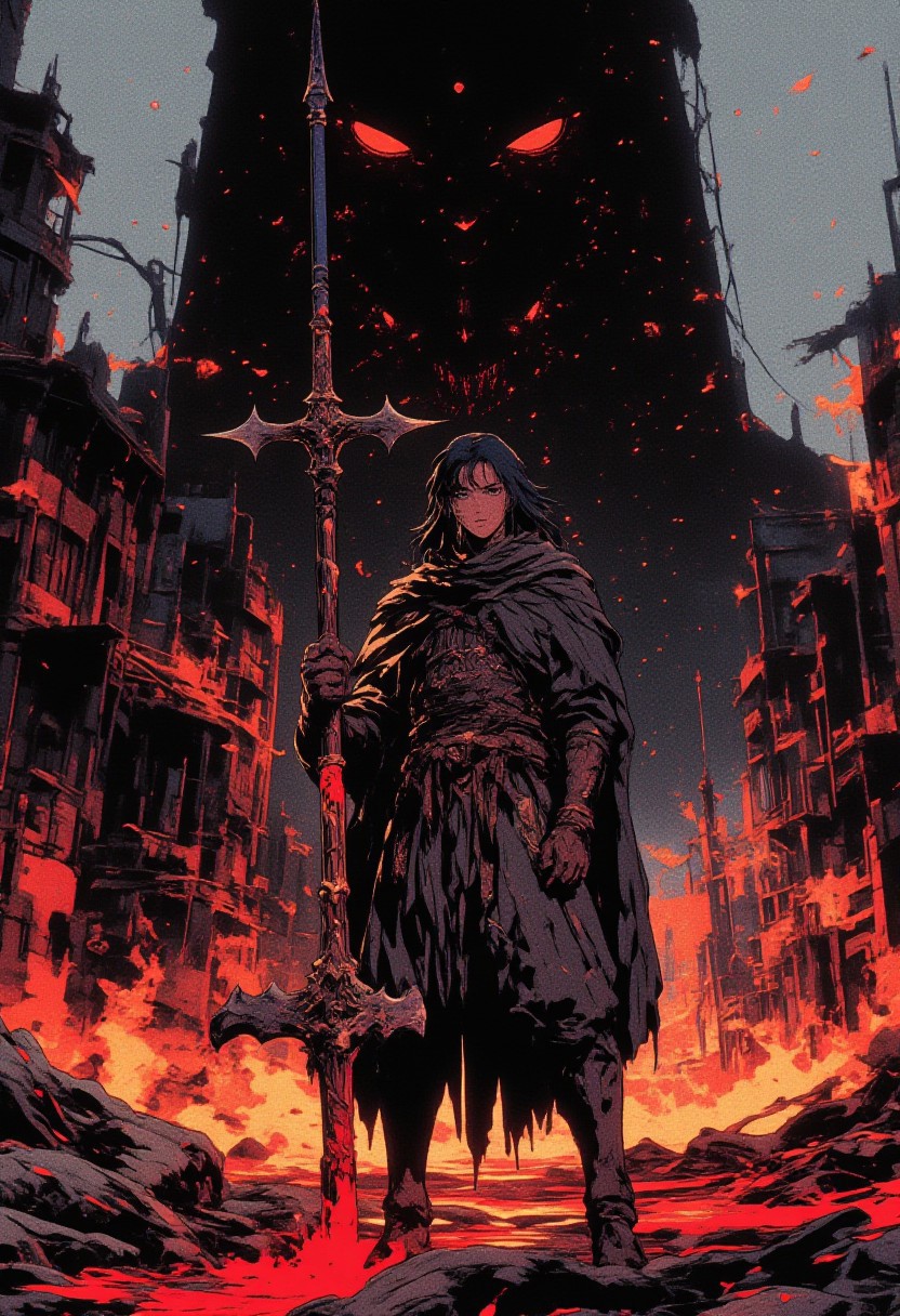 full body shot, masterpiece, best quality, 1man, slender body, wearing nordic clothes, mystic jewelry, model pose, perfect composition, ((Simple Empty Plain black hypnotic aura chaos Background)), simple, close up, male, standing in front of giant black tower, wounded, black-coloured hair, armor, fire ambers around, ruins, ruination, desolate wastes around, blood. holding two-handed axe