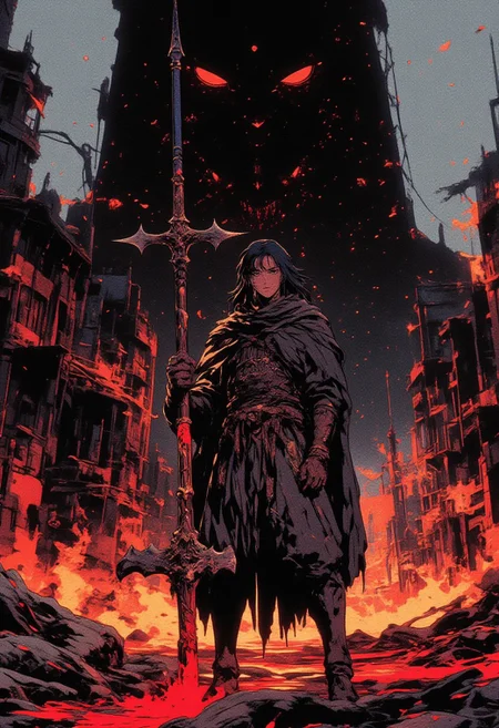 full body shot, masterpiece, best quality, 1man, slender body, wearing nordic clothes, mystic jewelry, model pose, perfect composition, ((Simple Empty Plain black hypnotic aura chaos Background)), simple, close up, male, standing in front of giant black tower, wounded, black-coloured hair, armor, fire ambers around, ruins, ruination, desolate wastes around, blood. holding two-handed axe