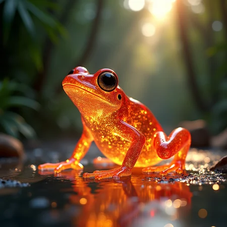 a closeup of a translucent glass frog that is also on fire. RTX graphics, realistic 3d render. high detail, jungle background next to a river full of glitter, bright sun illuminating the scene. award winning digital composition.