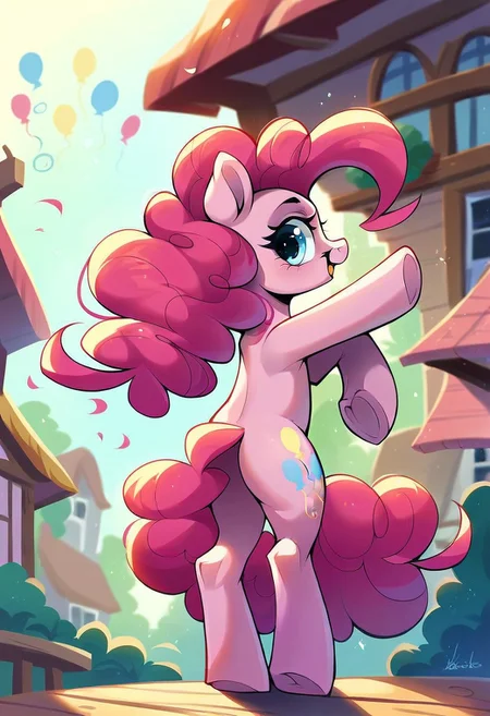 (Pinkie pie, feral, pony), solo ,1female, pinkie pie dancing around, party, house, butt view, score_9, score_8_up, score_7_up, score_6_up, score_5_up, score_4_up