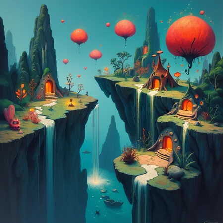 score_9, score_8_up, score_7_up, score_6_up, stencil, whimsical, floating island with a magical waterfall, glowing plants, and enchanted creatures, highly detailed <lora:ponys-dream:.9>