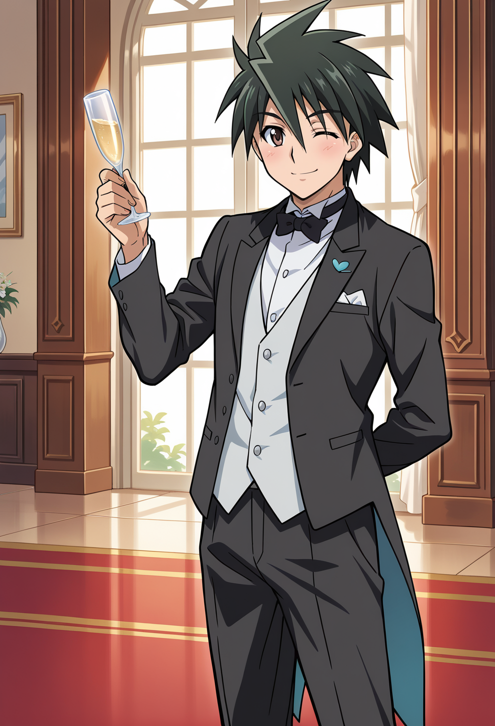 masterpiece, best quality, high quality, anime, solo, 
 <lora:AEKazuki_1:0.8> 
AEKazukiDef, brown eyes, black hair, hair between eyes, spiked hair, 
tuxedo, butler, bowtie, holding champagne flute, smile, wink,