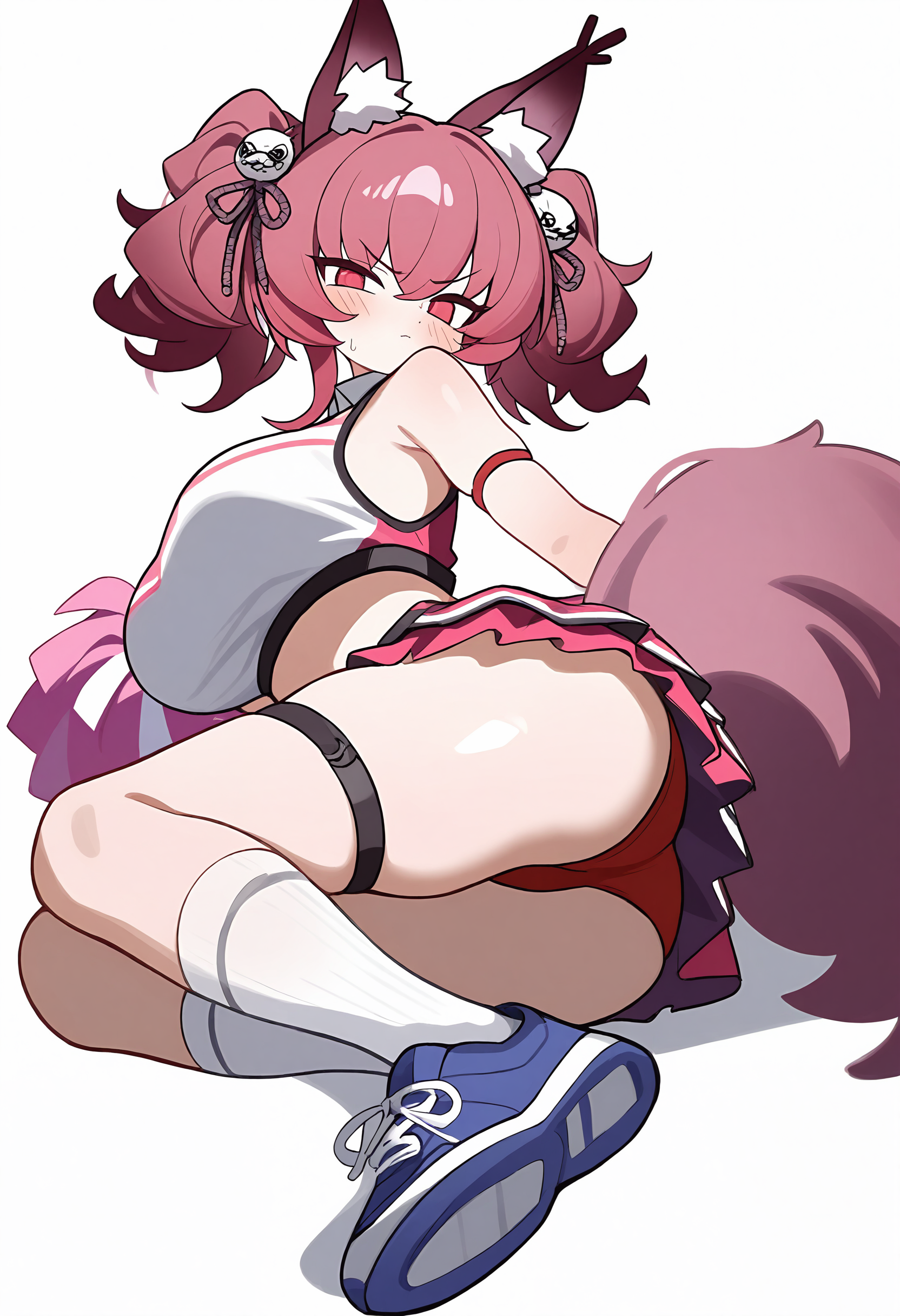 ,,<lora:TestTestTest!\kejuku\Kejuku_Style_NBV1.safetensors:0.95:0.95>,1girl,pom pom \(cheerleading\),solo,cheerleader,animal ears,ass,socks,shoes,skirt,white socks,tail,thigh strap,fox ears,sneakers,looking at viewer,crop top,panties,underwear,fox tail,twintails,white background,animal ear fluff,on side,fox girl,red eyes,holding,big breasts,simple background,holding pom poms,bare shoulders,long hair,pleated skirt,blush,miniskirt,thighs,hair ornament,blue footwear,red hair,full body,shirt,pink hair,sweat,red panties,sleeveless,hair between eyes,arm strap,v-shaped eyebrows,shamare \(arknights\),,masterpiece,best quality,newest,absurdres,highres,very awa,detail background <lora:None:0.9500000000000002>