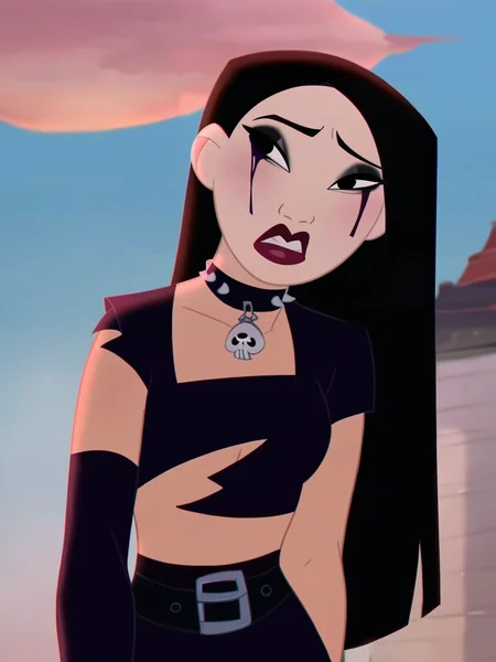 <lora:Mulan:0.9> mu_an, 1girl, asian, black hair, black eyes, straight hair, long hair,
goth outfit, ((torn revealing clothes)), goth makeup,, score_9, score_8_up, score_7_up,