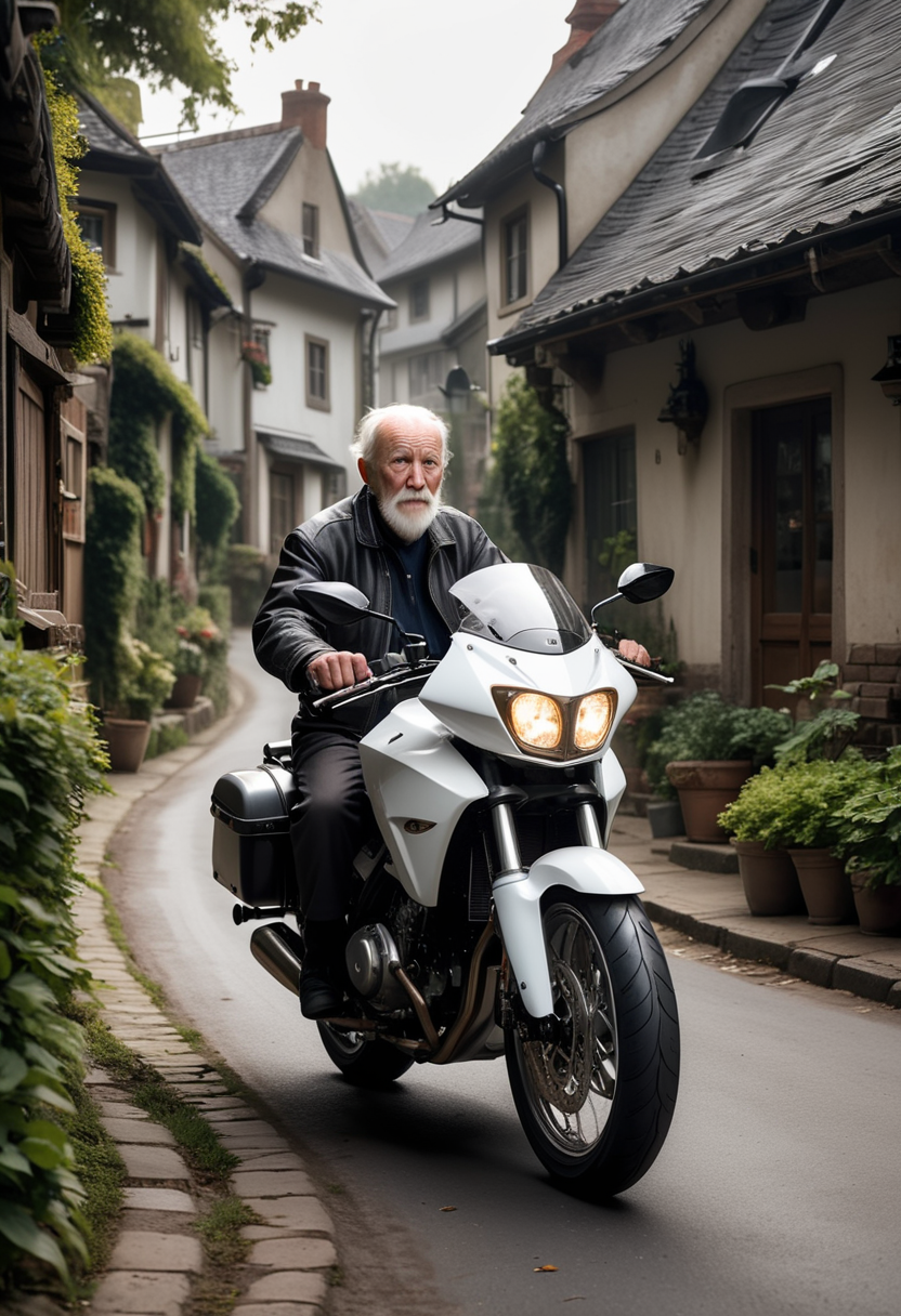 (medium full shot) of a white touring motorbike, with carbon fiber wheels wheels, leather seat seat, equipped with heated grips,  ridden by a old man in  a quiet village lane with quaint houses, gardens, picket fences, in the morning, ,Masterpiece,best quality, raw photo, realistic, very aesthetic, dark