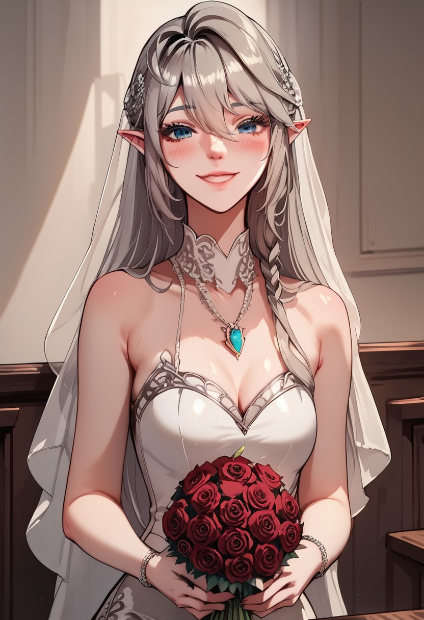 score_9, score_8_up, score_7_up, <lora:Tessiah_Eralith:1> tessia eralith, floating neon hearts, wedding dress, bouquet of red roses, (blushing), smile, looking at viewer