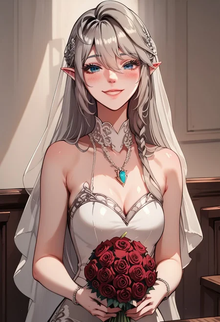 score_9, score_8_up, score_7_up, <lora:Tessiah_Eralith:1> tessia eralith, floating neon hearts, wedding dress, bouquet of red roses, (blushing), smile, looking at viewer