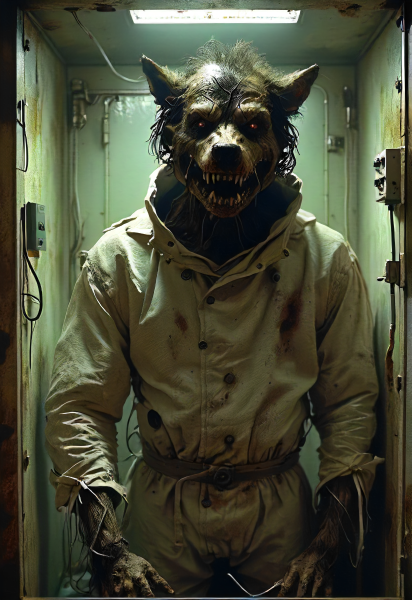 an asylum for straitjacket creatures, werewolf bound inside a machine, experimentation, sideways, night, eerie, atmospheric, unsettling, detailed, <lora:- SDXL - AI-Breaker_V3.5:0.8>, <lora:- SDXL - dfao_style_v1.0:0.8>