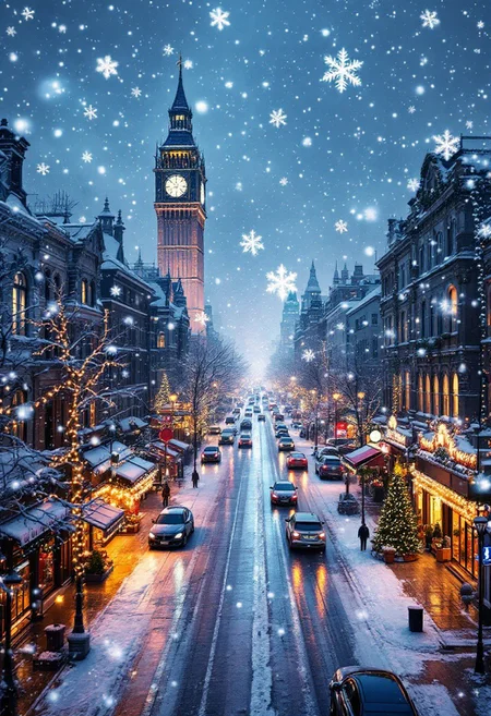 close-up of snowy megapolis, big snowflakes, decorated street, christmas, cars, beautiful shop windows, bright sparkling city, garlands and lights, hyperrealism, manapunk, painting, colorful professional photoshoot, chiaroscuro lighting, bird's-eye view
