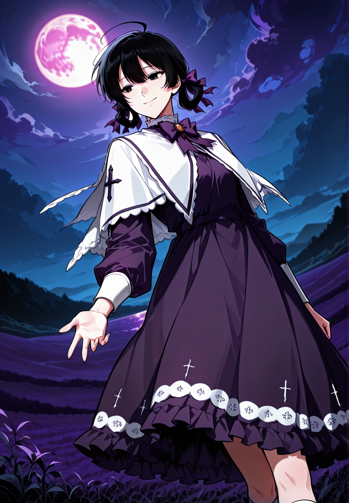 <lora:Asmodeus___Omniscient_Readers_Viewpoint__Illustrious:1>
solo, black hair, black eyes, short hair, twintails, braid twin braids, bangs, ahoge, hair between eyes, hair rings,
purple dress, frilled dress, bow, hair bow, long sleeves, purple bow, frills, purple bowtie, high white socks, white capelet
score_9, score_8_up, score_7_up, very aesthetic, source_anime, detailed, high quality, beautiful, masterpiece, detailed eyes, field, blurry background, pose dynamic angle, upper body, cowboy shot, light smile, looking back, reaching out, floating hair, evil smile, night, purple moon, <lora:iLLMythG0thicL1nes:1>