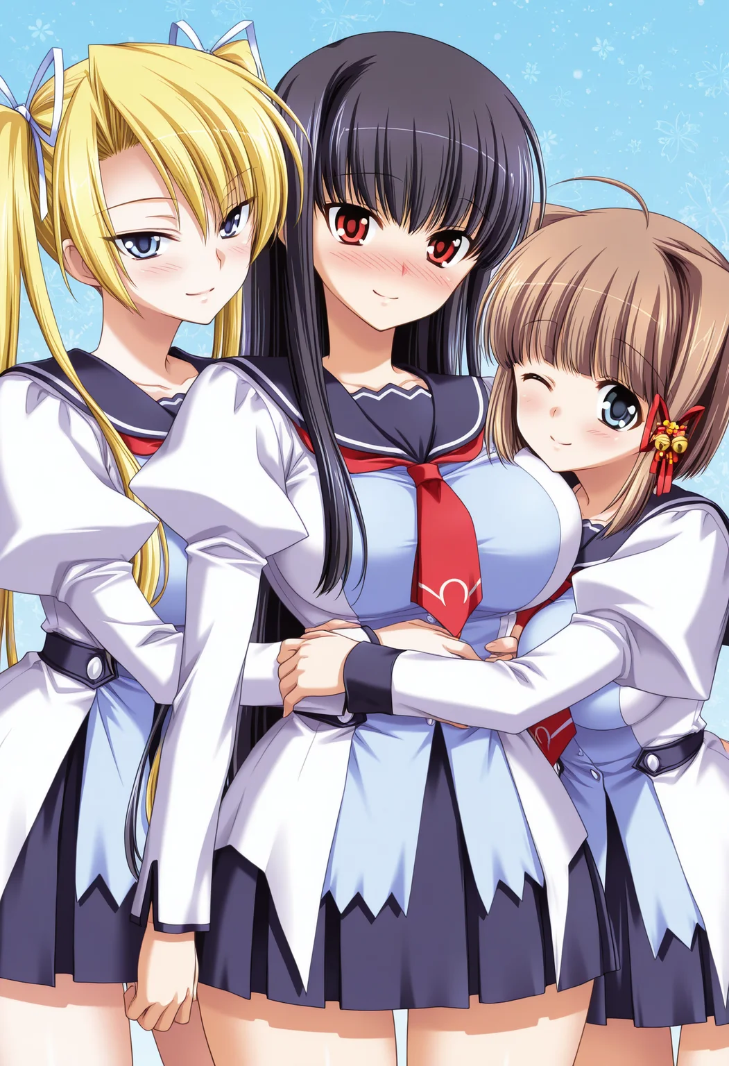 masterpiece, 3girls, seira, twintails, blonde hair BREAK yuki, short hair, brown hair, hair ornament, bell BREAK hikaru, long hair, black hair, white serafuku, red necktie, blue sailor collar, juliet sleeves, long sleeves, pleated skirt, blue skirt, large breasts, looking at viewer, smile, blush simple background, hand up, hug, hug from behind, wink, girl sandwich,