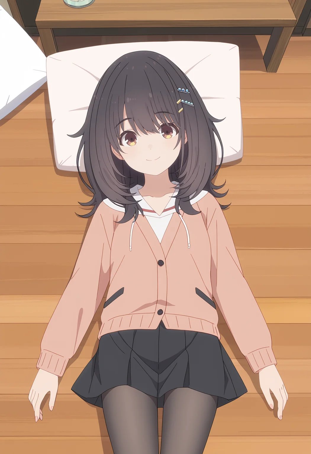 <lora:Mako KAWAI-000038:1>,
Mako KAWAI,skirt,solo,looking at viewer,smile,lying,hair ornament,pantyhose,pleated skirt,indoors,long sleeves,hood,closed mouth,wooden floor,shirt,hoodie,black skirt,black pantyhose,cardigan,pillow,white shirt,from_above
