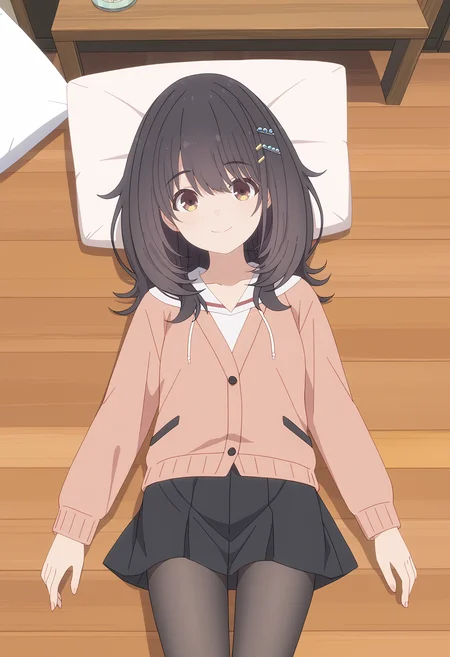 <lora:Mako KAWAI-000038:1>,
Mako KAWAI,skirt,solo,looking at viewer,smile,lying,hair ornament,pantyhose,pleated skirt,indoors,long sleeves,hood,closed mouth,wooden floor,shirt,hoodie,black skirt,black pantyhose,cardigan,pillow,white shirt,from_above
