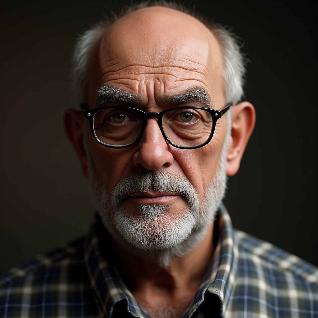Hyperrealistic art of  <lora:detailed photorealism style v3:1>
detailed photorealism style, hyperrealism art style, realistic textures, photorealistic style, Hyperrealism (visual arts), A cinematic skin texture style still image of a man with glasses and a plaid shirt, detailed wrinkles, skin tags, perfect skin tone color, stretch marks, hyperrealism, realism, unrealengine, realistic, detailed skin pore, film still, still photography style, sharp style, detailed style, perfect style, perfection style, Kodak film skin color tone style, fujifilm skin tone color style, professional photography style, skin textured, skin texture style, perfect face, perfect mouth, perfect nose, perfect lips, perfect eyes, perfect ears, perfect skin, perfect skin pores, perfect body, perfect hair, very detailed skin pores, perfect skin texture style, solo, looking at viewer, shirt, 1boy, closed mouth, male focus, glasses, collared shirt, artist name, signature, plaid, facial hair, portrait, beard, black-framed eyewear, nose, mustache, bald, old, plaid shirt, old man, checkered shirt, blurry, blurry background, Extremely high-resolution details, photographic, realism pushed to extreme, fine texture, incredibly lifelike