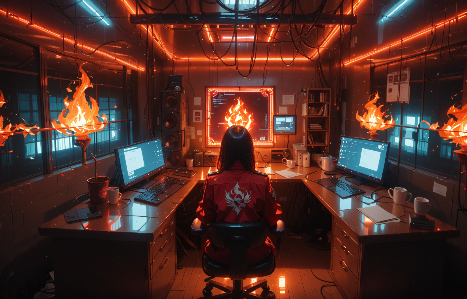 score_9, score_8_up, score_7_up, source_anime, wide angle room view, (dramatic Lighting, cinematic, neon lighting), large server room on fire, data center, computer on fire, red warning screen, flames,  1girl in jumpsuit sitting at a desk sipping coffee trying not to panic,  <lora:add-detail-xl:1> <lora:Niji-Mj_Almost_Realism:1> njmjzkz