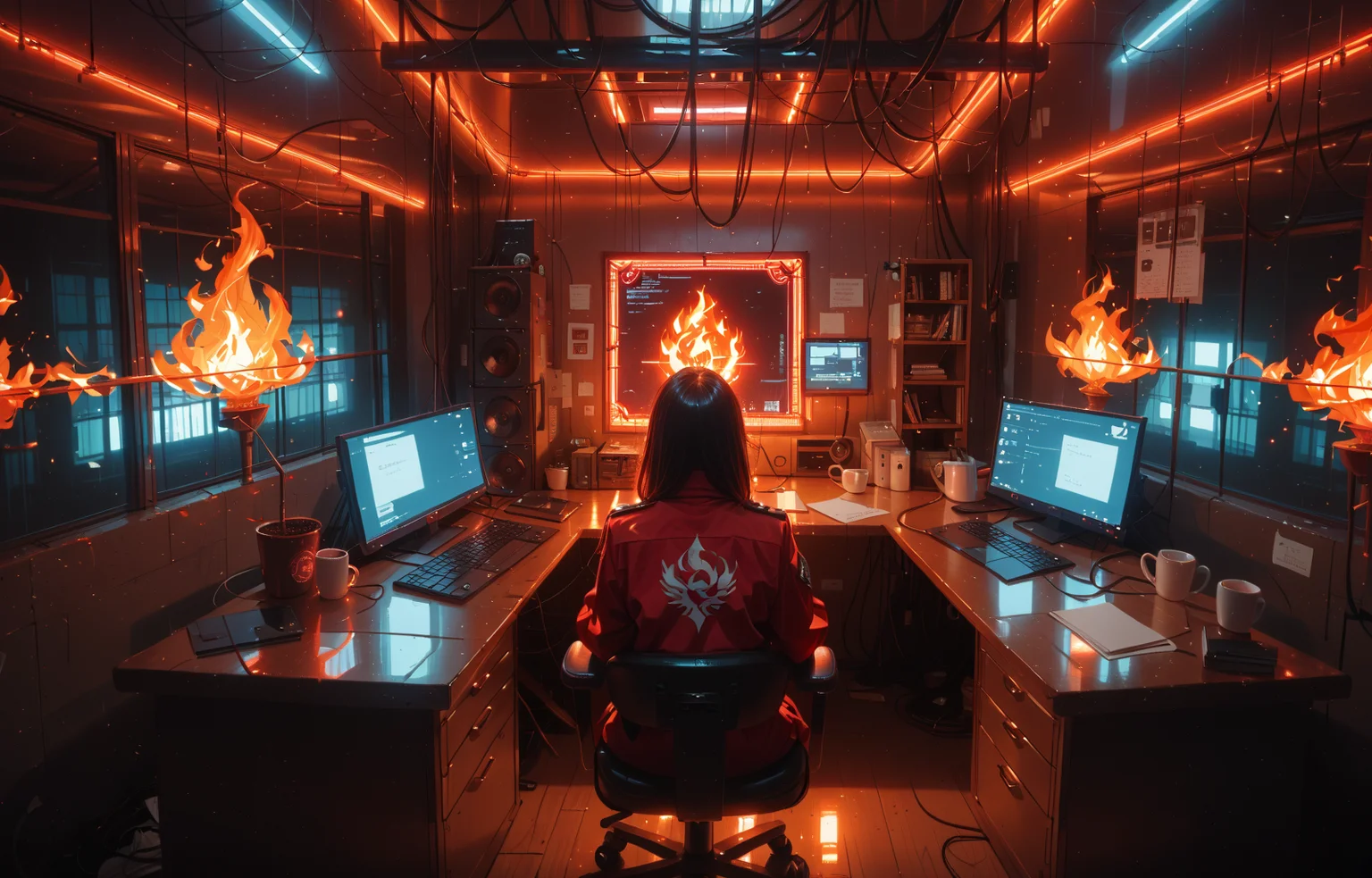 score_9, score_8_up, score_7_up, source_anime, wide angle room view, (dramatic Lighting, cinematic, neon lighting), large server room on fire, data center, computer on fire, red warning screen, flames, 1girl in jumpsuit sitting at a desk sipping coffee trying not to panic, <lora:add-detail-xl:1> <lora:Niji-Mj_Almost_Realism:1> njmjzkz