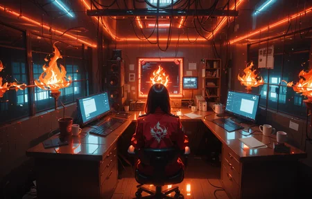 score_9, score_8_up, score_7_up, source_anime, wide angle room view, (dramatic Lighting, cinematic, neon lighting), large server room on fire, data center, computer on fire, red warning screen, flames, 1girl in jumpsuit sitting at a desk sipping coffee trying not to panic, <lora:add-detail-xl:1> <lora:Niji-Mj_Almost_Realism:1> njmjzkz