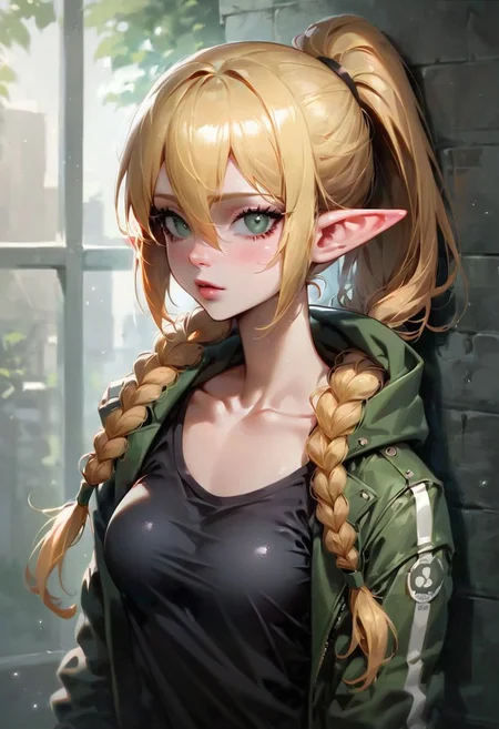 (masterpiece, best quality), 1girl, collarbone, {leafa, green eyes, blonde hair, ponytail, long hair, hair between eyes, bangs, twin braids, pointy ears,((black lather jacket,black latex t-shirt)),lock at viewer,shift lift
score_9, score_8_up, score_8_up, layering, 1girl,  exposed, large soft breast, slender body, ultra detailed,(g0thicPXL:0.3), <lora:g0th1cPXL:0.3>, cover,  exaggerated proportions, long hairs , blond hair, medium breasts ,large elastic buttocks, round bubble ass,  (ultra wide angle shot:0.65), shallow depth of field, smooth skin texture, alluring curves, tasteful sensuality, softcore, Expressiveh