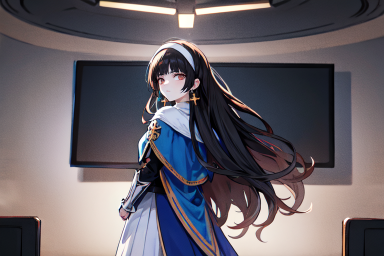 highly insanely detailed, masterpiece, top quality, best quality, highres, 4k, 8k, RAW photo, (very aesthetic, beautiful and aesthetic),  
beth_\(megami_tensei\),bethsmtii,shin megami tensei ii,long hair,black hair,straight hair,sleek black,jewelry,cross,headband,red_lipstick,white cape,cape_with_messian_symbol,Religious_cape,messian_symbol_cape,holy_knight_cape,Blue_dress,armored_corset,blue shirt,messian_cross_earrings,cross_earrings,religious_earrings,messian_symbol_jewelry,Tokyo_Millennium,post-apocalyptic_city,dystopian_world,Millennium_News_Network,City_news,propaganda_broadcasts,information_contro,Order_of_Messiah,Religious_order,messianic_cult,divine_rulers,Great_Cataclysm,World_ending_event,apocalyptic_disaster,city_rebirt, 
<lora:zs_Beth:0>, 
(1girl:1.3), 1other, 
news anchor in front of big screen,facing viewer,back screen is big which is from the floor to ceiling and left to right,âââ