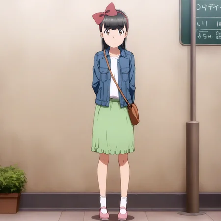 masterpiece, best quality, score_9,
<lora:Hitomi_hinamatsuri_v11:1>, hitomi_il, 1girl, solo, brown_hair, bangs, hair_between_eyes, brown_eyes, hair_ribbon, denim_jacket, green_skirt, white_socks, pink_shoes, brown_bag, full body, standing