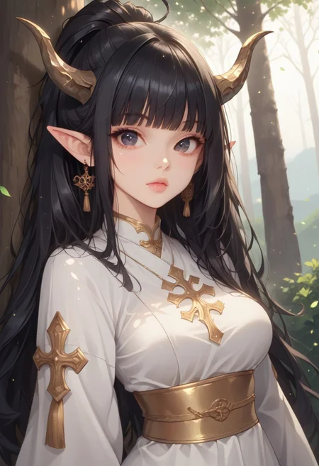zPDXL3, score_9, score_8_up, score_7_up, 1girl, elf girl, horns, solo, 21year old, black hair, messy ponytail, fringe, black eyes, medium breasts, petite body, glossy skin, white silk tunic, golden sash, towering tree of light, sparkling leaves, bright meadow, heavenly blue skies, streams of gold, birdsong, looking at viewer, eye contact, dutch angle, warm light, godrays, volumetric lighting, vivid colors, painterly, glitch art photo,