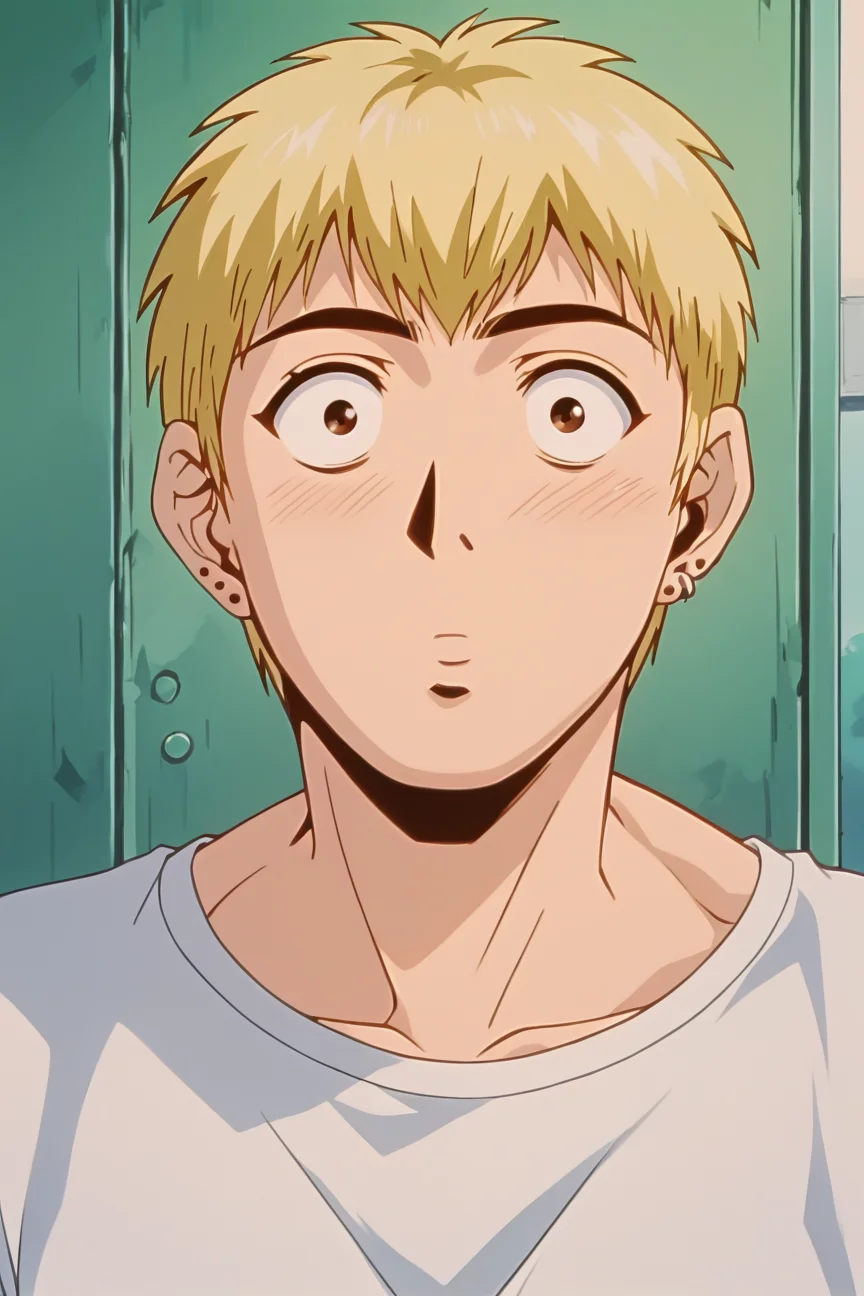score_9, score_8_up, score_7_up, source_anime BREAK Ekiti Onizuka, muscular, blonde hair, brown eyes, short hair, ear piercing, t-shir, cargo pants, <lora:Ekiti_OnizukaSDXL:1>, wide eyed, meme face, horny, holding girl panty, portrait, close up, background bedroom, masterpiece, 4k, best quality