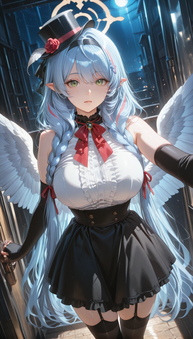<lora:LCMTurboMix_Euler_A_fix:1> <lora:example_SDXL:0.3>, EZRealPONYXL, <lora:Dramatic Lighting Slider:3> <lora:realistic filter [IL]:1>
DSLR,realistic,cosplay photo, (very awa,masterpiece,best quality,year 2024,newest,absurdres,highres:1), realistic,skin texture,facial features, photography shot with Canon EOS 5D Mark IV , realistic, RAW, best quality, masterpiece, amazing quality, skin details,
1girl, highly detailed beautiful face, large natural breasts,
detailed background, shiny skin, dutch angle, night, moonlight,
beautiful detailed eyes, intricate details, absurdres, anime screencap,
<lora:AomoriMine_BlueArchive_ILXL_kill0825:1>
AomoriMine, large breasts, very long hair, green eyes, blue hair, braid, multicolored hair, pointy ears, streaked hair, halo, twin braids, feathered wings, angel wings, low twin braids, blue wings, hair ornament,
shirt, skirt, gloves, thighhighs, hat, hair between eyes, bare shoulders, white shirt, flower, frills, hairband, wings, sleeveless, black gloves, pointy ears, black thighhighs, elbow gloves, black skirt, fingerless gloves, black footwear, halo, zettai ryouiki, black headwear, sleeveless shirt, garter straps, black hairband, feathers, feathered wings, angel wings, top hat, white wings, hat flower, center frills, blue halo, white feathers, black garter straps, falling feathers, hat feather, blue halo,