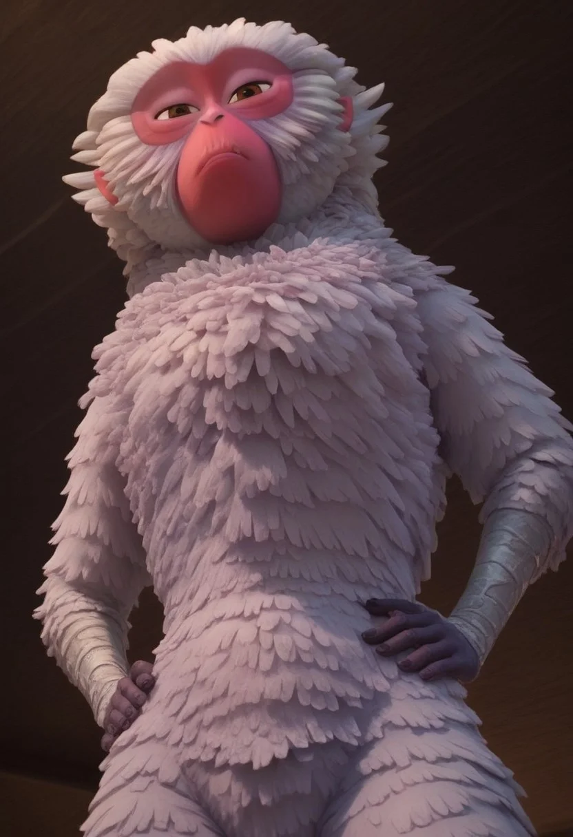 1girl, furry, female japanese macaque, ape, primate girl, anthro, white fur, dark pink skin, pink ears, brown eyes, grey hands, grey feet, Expressiveh, realistic, 3d, score_8_up, score_7_up, BREAK, 1girl, solo, looking at viewer, cute, from below, hands on hips, head tilt, female focus, looking at viewer, detailed background, 4k, masterpiece, best quality, highly detailed, realistic, low-angle shot