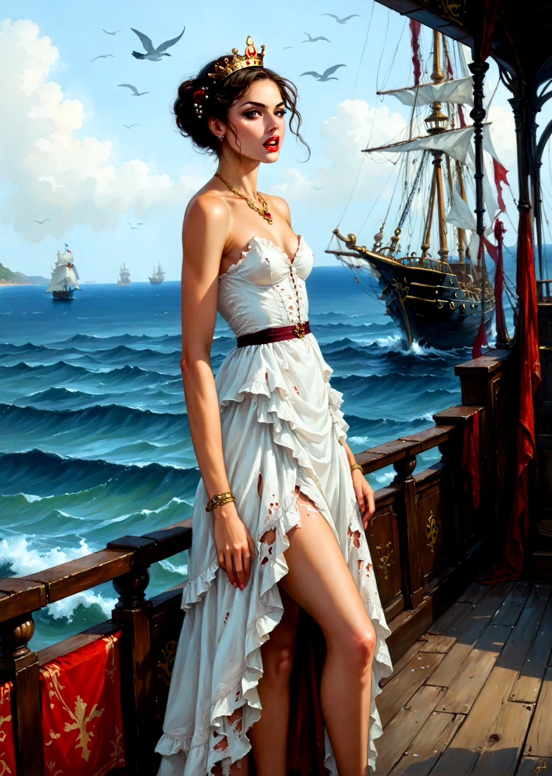 score_9, score_8, score_7, sea, deck of a pirate frigate, painfully screaming suffering slavic princess in torn white luxury dress, brown short hair, booty ass, wide hips, small breasts, crown, jewelry, centered, intricate, elegant, highly detailed, digital painting, smooth, sharp focus, soft colors, <lora:lora\EnvyFantasyArtDecoXL01.safetensors:0.65:0.65> <lora:lora\Fant5yP0ny.safetensors:0.65:0.65>