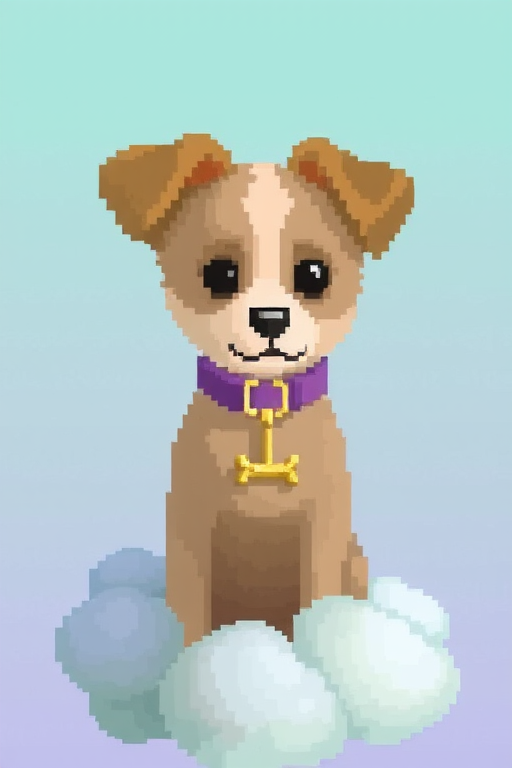 A pixel art of a random dog race with fluffy fur and chocolate-drop eyes, wearing a lavender velvet collar with a golden bone pendant, sits upright on a mint-green cloud. dramatic beauty, otherworldly quality, soft lighting, shallow depth of field, high detail, dynamic composition, cinematic shot, film grain, balanced shadows, harmonic colors, emotional depth, symbolic meaning, innovative props/costumes, timeless elegance, modern themes, iconic imagery, unforgettable moment, captivating beauty, stunning impact, thought-provoking, artistic vision, masterful execution.
Pixel art style, clear drawn in big pixels very well aligned, rich showcase, award-winning craftsmanship. UHD resolution enhances the dynamic, impactful pose for a striking, lifelike result.