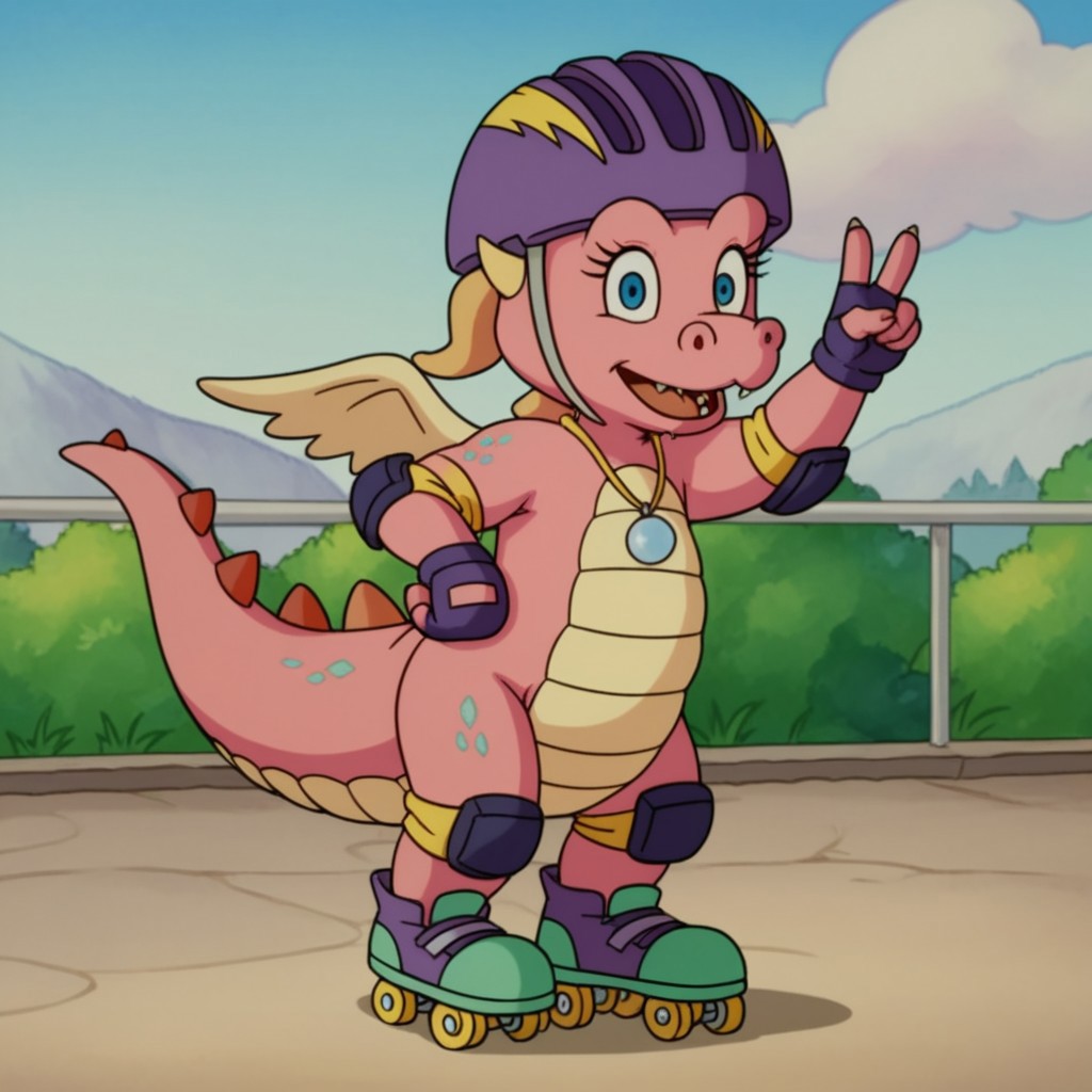 score_9, score_8_up, score_7_up, score_6_up, score_5_up, score_4_up source_furry, CassieDT, semi-anthro, female, dragon, pink skin, horns, wings, jewelry, necklace, roller skates, helmet, fingerless gloves, elbow pads, knee pads, outside