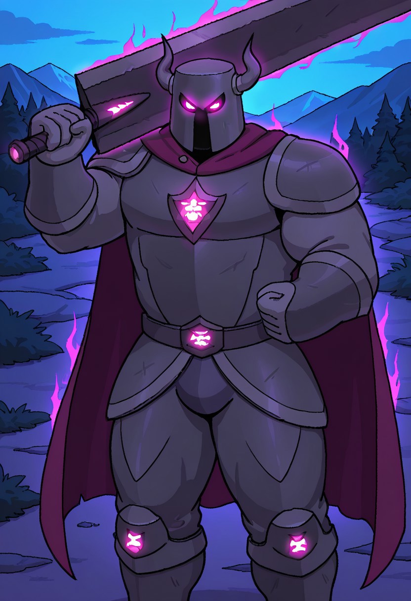 detailed background, detailed background, masterpiece, perfect quality, best quality, detailed, newest, very aesthetic, DarkKnightRMA, bara, solo, helmet, armor, weapon, over shoulder, 1boy, male focus, mountains background, night, glowing purple eyes, looking at viewer, purple aura, maroon cape