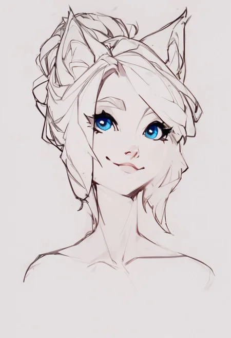 score_9, score_8_up, score_8, medium breasts, (curvy), cute, eyelashes, white hair, wolf ears, blue eyes, sketch,single hair bun, collarbone, 
upper body, outdoors  smile,