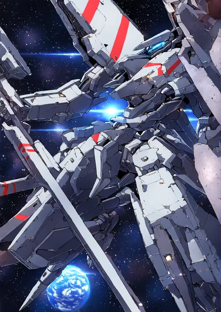 mecha,science fiction,no humans,glowing,retro artstyle,space,star \(sky\),planet,earth \(planet\),space craft,starry sky,weapon,milky way,masterpiece, best quality, very aesthetic, absurdres,, <lora:sidonia morito-NAI:0.8>