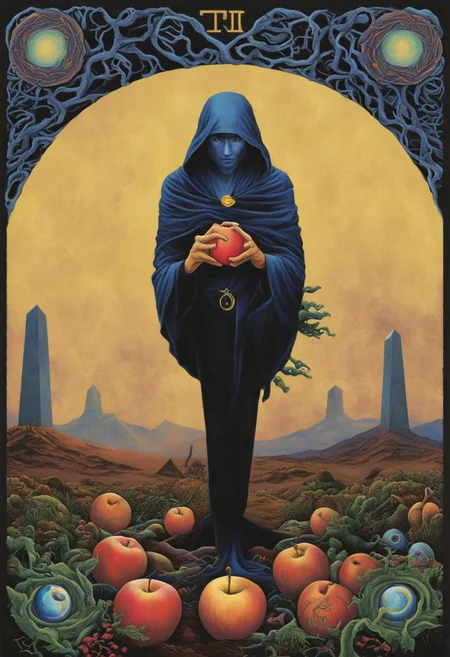 Tarot card design for the magician card with Malaclypse the Younger as the magician, in the desert with a pyramid in the background with an eye looking at the magician, mandala, golden Apple, UFO, DNA helix, ouroburos, tree of life, dark vaporwave color palette, Perfect Hands, 3l3ctronics, ornate border of twisted vines