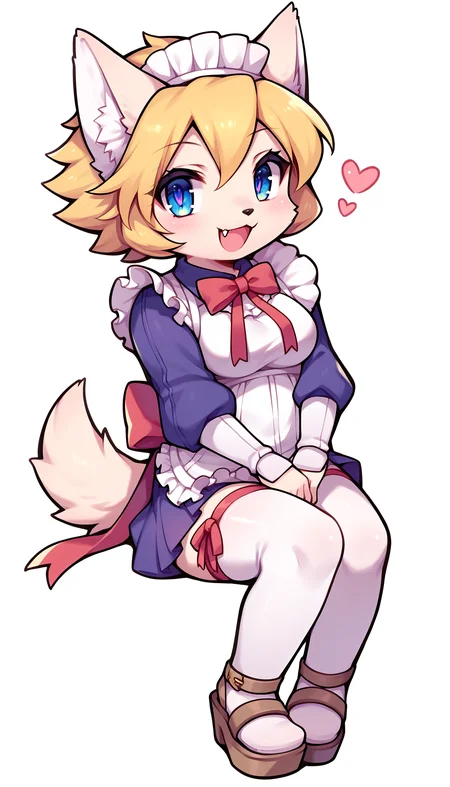 score_7_up, score_6_up, source_anime
BREAK
<lora:FloPDXL:1> floSR, 1girl, solo, furry female, yellow fur, (chibi, detailed eyes:1.1), (thick outline:1.5), looking at viewer, shiny, dog girl, furry female, smile, open mouth, (fangs:1.1), :d, :3, (sitting:1.3), blue eyes, animal ears, full body, medium breasts, animal nose, tail, blonde hair, short hair, maid, maid headdress, maid apron, thighhighs, sandals, leg ribbon, frills, red bow, ribbon, puffy sleeves, simple background, white background, heart, white border, zettai ryouiki, zPDXL2