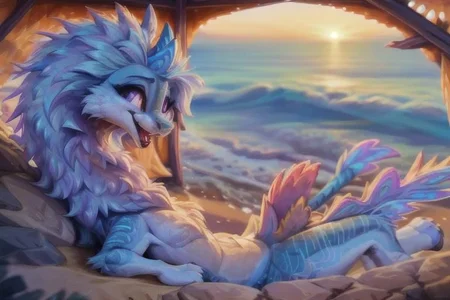 ((full shot)), zoomed out, award winning photography, wildlife photography, high angle, balanced colors, hdr,
sisu, cute-fine-face, (furry chest), (detailed and extremely fluffy body fur), furry crotch,
(shiny fur), highly detailed face, ((glossy eyes)),
cute, young, blushing, (glossy fur), (iridescent fur), fluffy mane, short neck,
laying on back, spread legs, half open eyes, open mouth, happy, fangs,
uploaded on e621, by ulitochka, by castitas, by dagasi,
iridescent gold, golden necklace, golden anklets, golden bracelets,
<lora:urbosa:0.2>,
<lora:sisu:0.6>, dragon, furred dragon, purple eyes, mane, (short tail), long body, horn,
<lora:dragon:0.4>,
at the beach, sunshine, volumetric lighting,
(ambient light on the body), Ray tracing,
cinematic composition, concept art, highly detailed,
((masterpiece)), best quality, realistic, intricate, (high detail:1.2),
film photography, sharp focus,dragon, bad_prompt_version2, aid291, boring_e621_v4, sisu