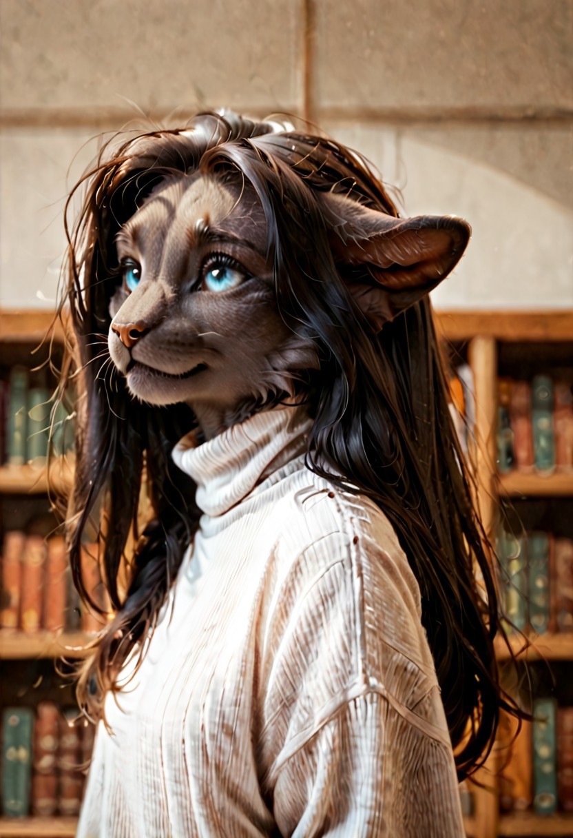 score_9, score_8_up, score_7_up, anthro female cat, ears folded back, Dropped ears, blue eyes, pupils, black long hair, black pony,  furry, fluffy gray fur, cat tail, library,turtleneck, furry hands, shy smile, sideview.