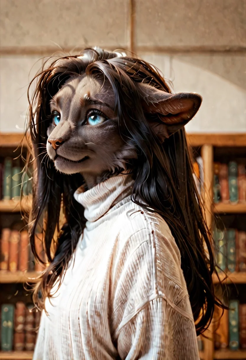 score_9, score_8_up, score_7_up, anthro female cat, ears folded back, Dropped ears, blue eyes, pupils, black long hair, black pony, furry, fluffy gray fur, cat tail, library,turtleneck, furry hands, shy smile, sideview.