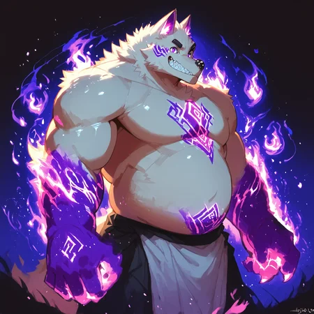 score_9, score_8_up, score_8, by gr3yyy, rating_safe, source_furry, abstract, colorful, action shot, hkstyle, BREAK  anthro, male, wolf, solo, (white body), white fur, purple eyes, purple inner ears, white ears, monotone body, chubby, musclegut, musclechub, big pecs, round belly, nude, null tuft, grin, sinister grin, demonic powers, low light, vibrant, purple fire, dramatic, big hands, hand raised, purple magic from hands, from side,   <lora:Greyyy_Artist_Style.safetensors:1.3> <lora:sinfully_stylish_SDXL.safetensors:1.0>, <lora:DemonicPowersPony.safetensors:1>, <lora:Manga_Action_Shot.safetensors:1.0>, <lora:Body Type_alpha1.0_rank4_noxattn_last.safetensors:-2.0>, <lora:PonyFantasyKnightsV4.safetensors:0.5>,